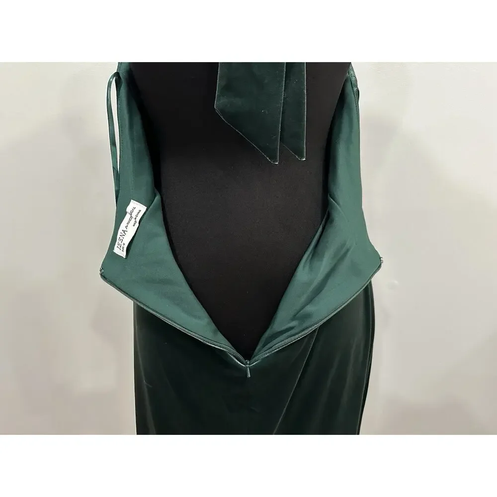 Mac Duggal 11924 Green Twist Neck Open Front Velvet Draped Velvet Dress Sz 12